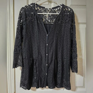 Rebecca Minkoff Lace Front Button Top, Sheer 3/4 Sleeves, Soft Knit Back, EUC!